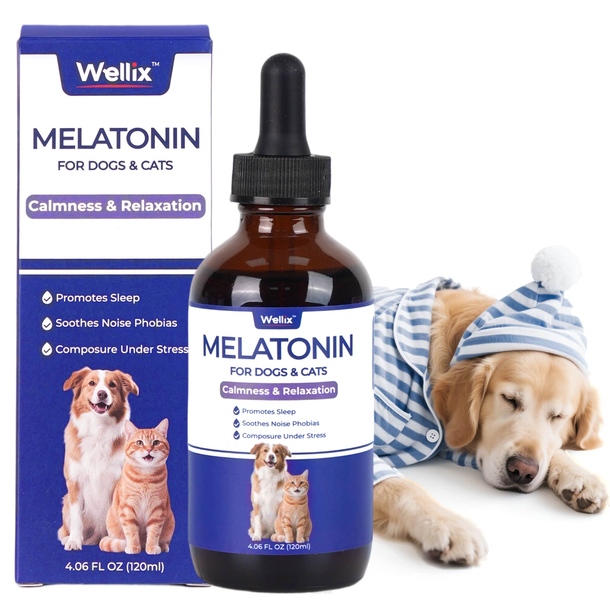 Wellix Bacon-Flavored Liquid Melatonin Drops for Dogs & Cats – 4 oz Calming Aid for Sleep, Stressful Events, Travel & Grooming